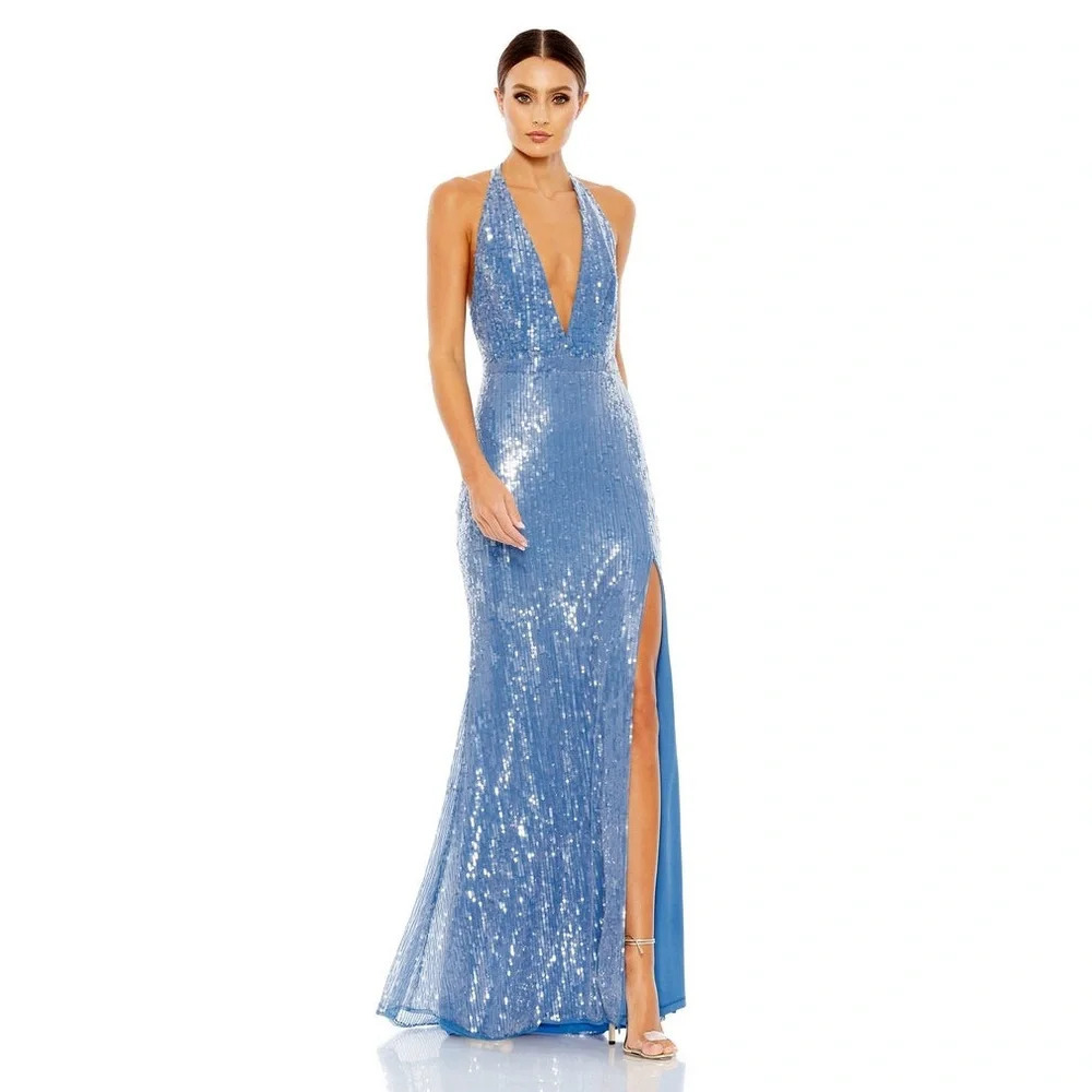 Mac Duggal Sequin Deep V-Neck Halter Gown in Cerulean Blue. Size‎ 16. NWT